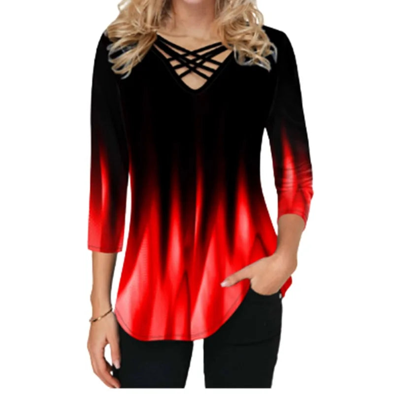 Women Blouses Gradient Print Cross V-Neck - Kim’s Signature Beauty & Accessories    