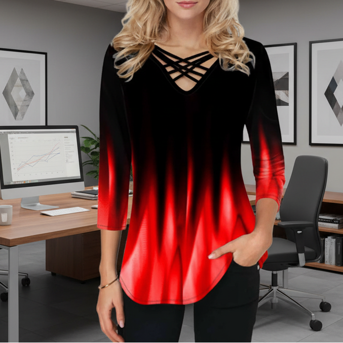 Women's Blouses Gradient Print Cross V-Neck - Kim’s Signature Beauty & Accessories