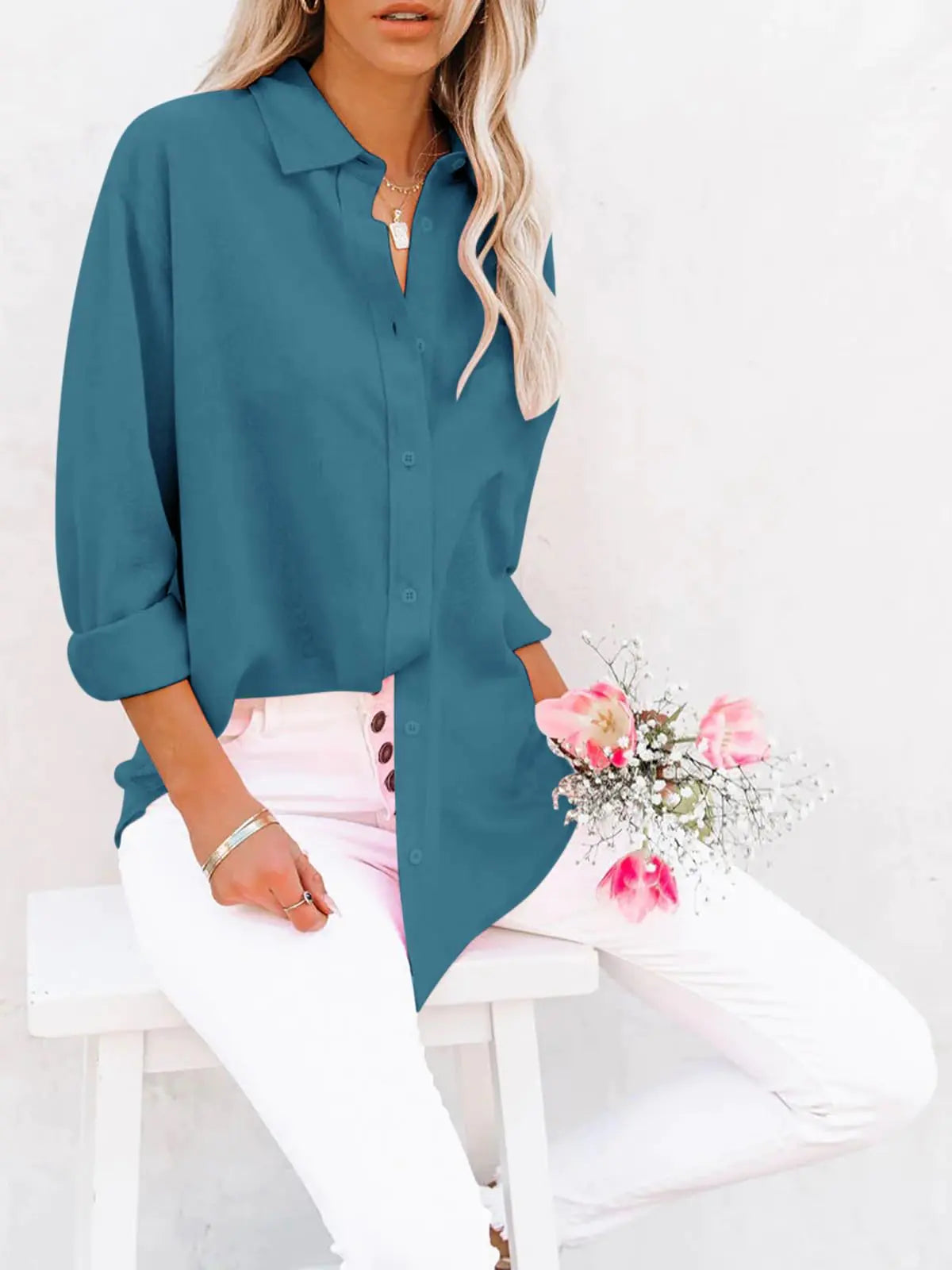 Women's Button Down V-Neck Tunic - Kim’s Signature Beauty & Accessories    