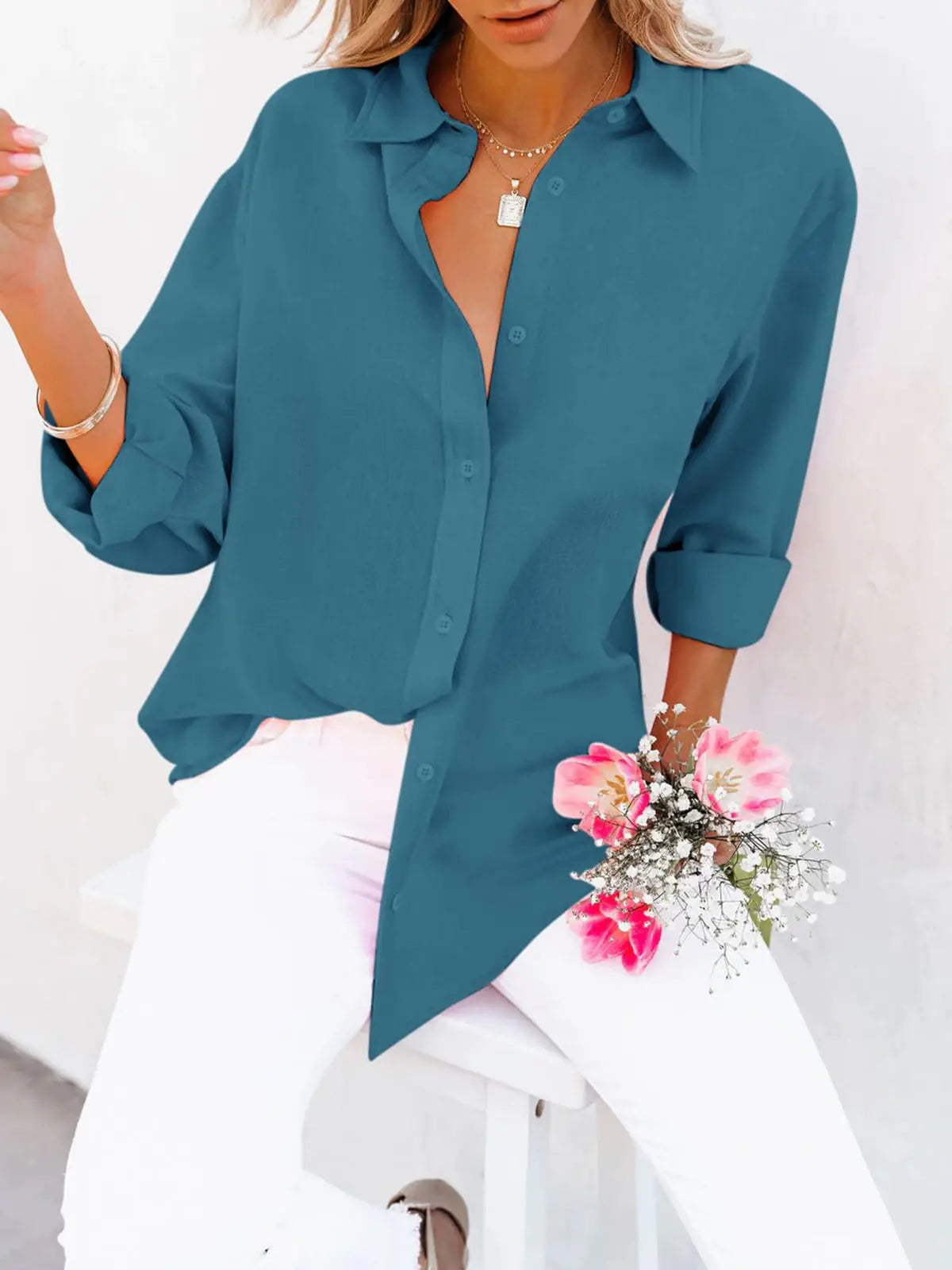 Women's Button Down V-Neck Tunic - Kim’s Signature Beauty & Accessories    