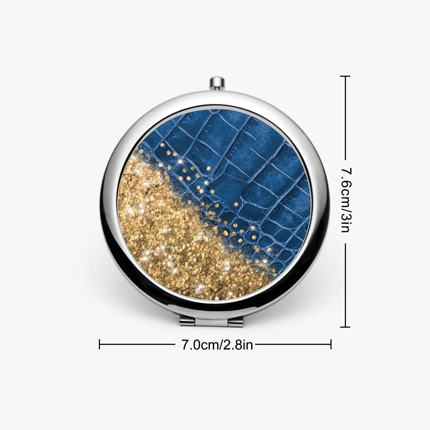 Gold Glitter & Blue Leather |  Compact Mirror - Kim’s Signature Beauty & Accessories    (Store description)