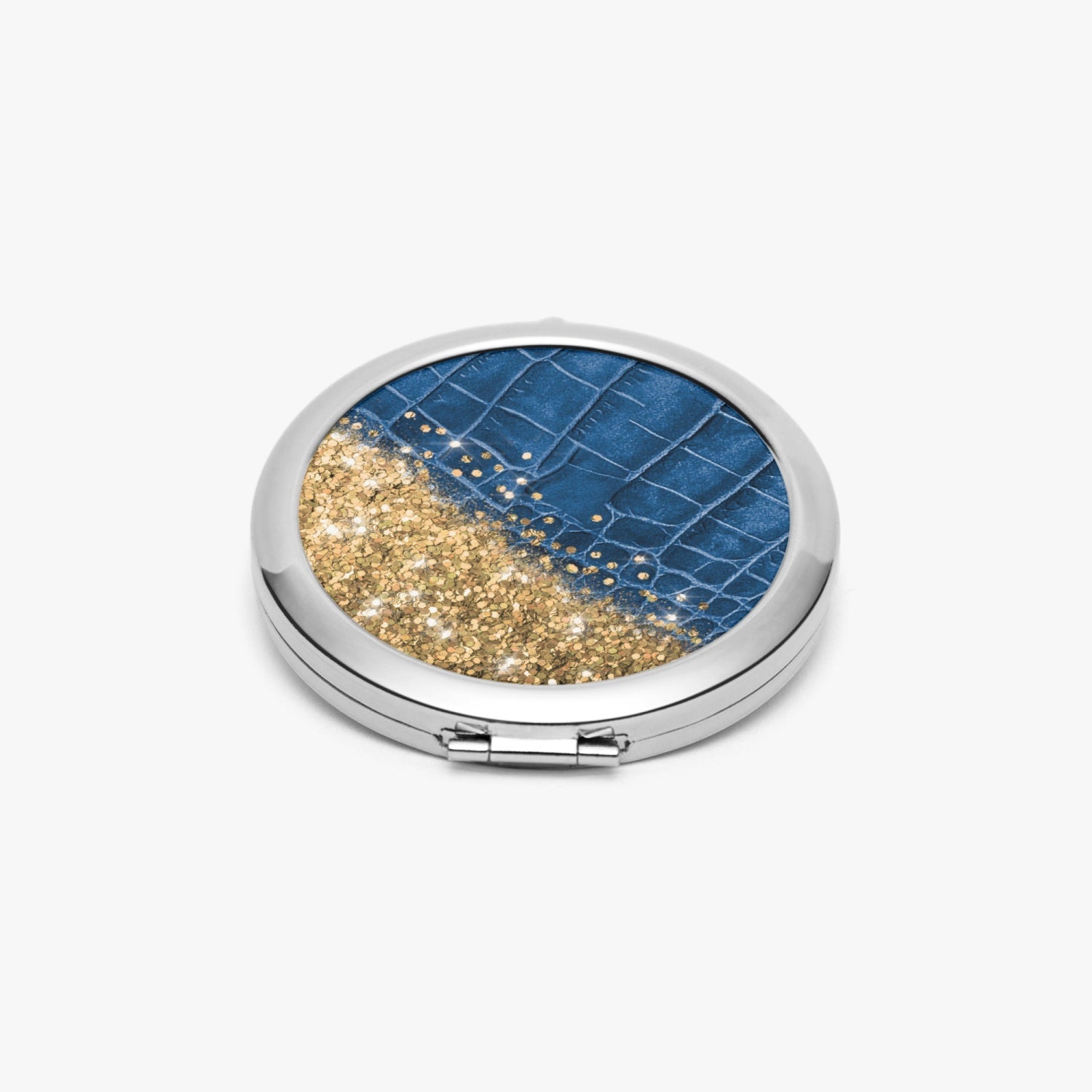 Gold Glitter & Blue Leather |  Compact Mirror - Kim’s Signature Beauty & Accessories    (Store description)