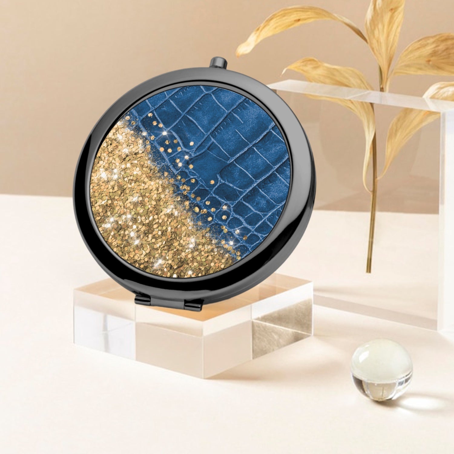 Gold Glitter & Blue Leather |  Compact Mirror - Kim’s Signature Beauty & Accessories    (Store description)