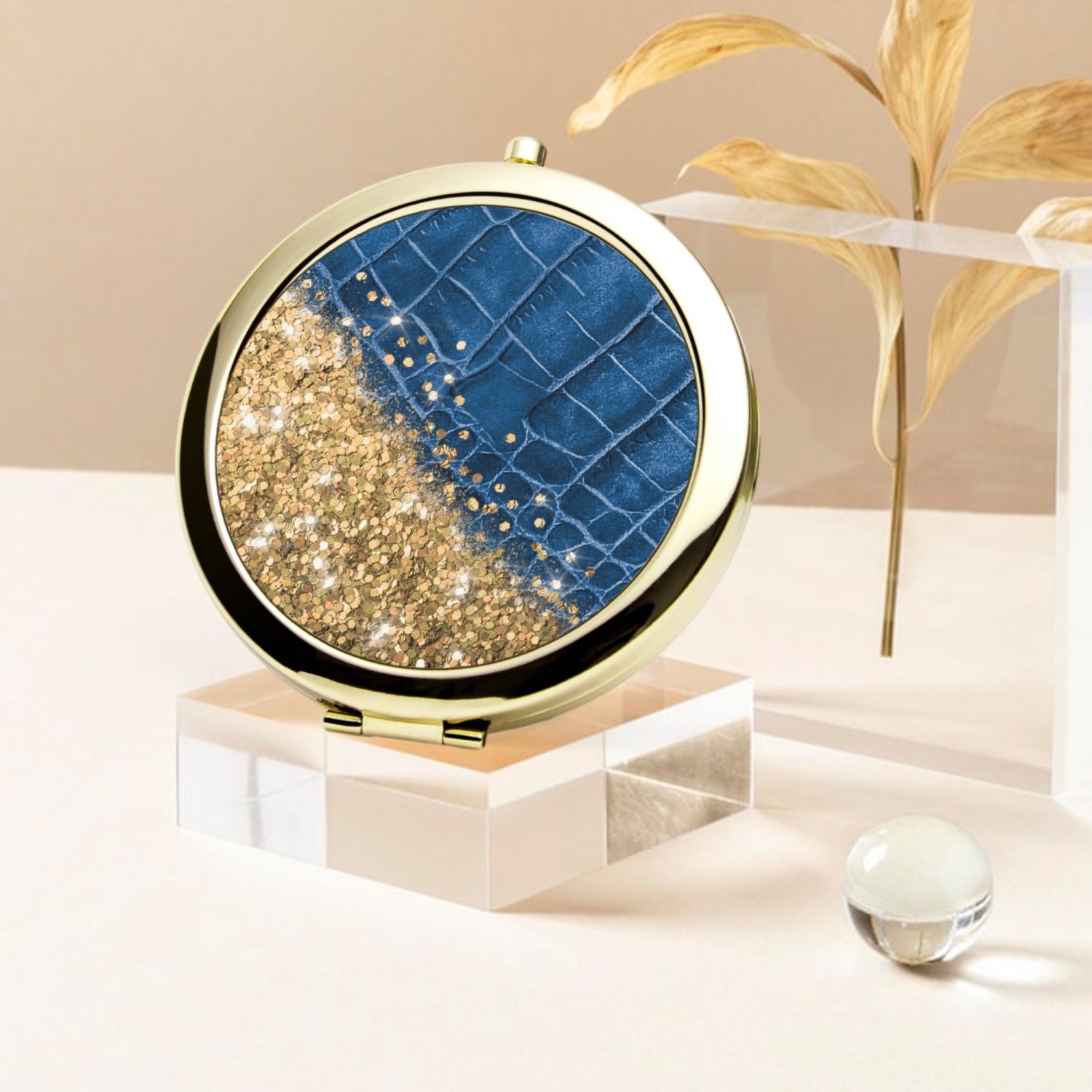 Gold Glitter & Blue Leather |  Compact Mirror - Kim’s Signature Beauty & Accessories    (Store description)