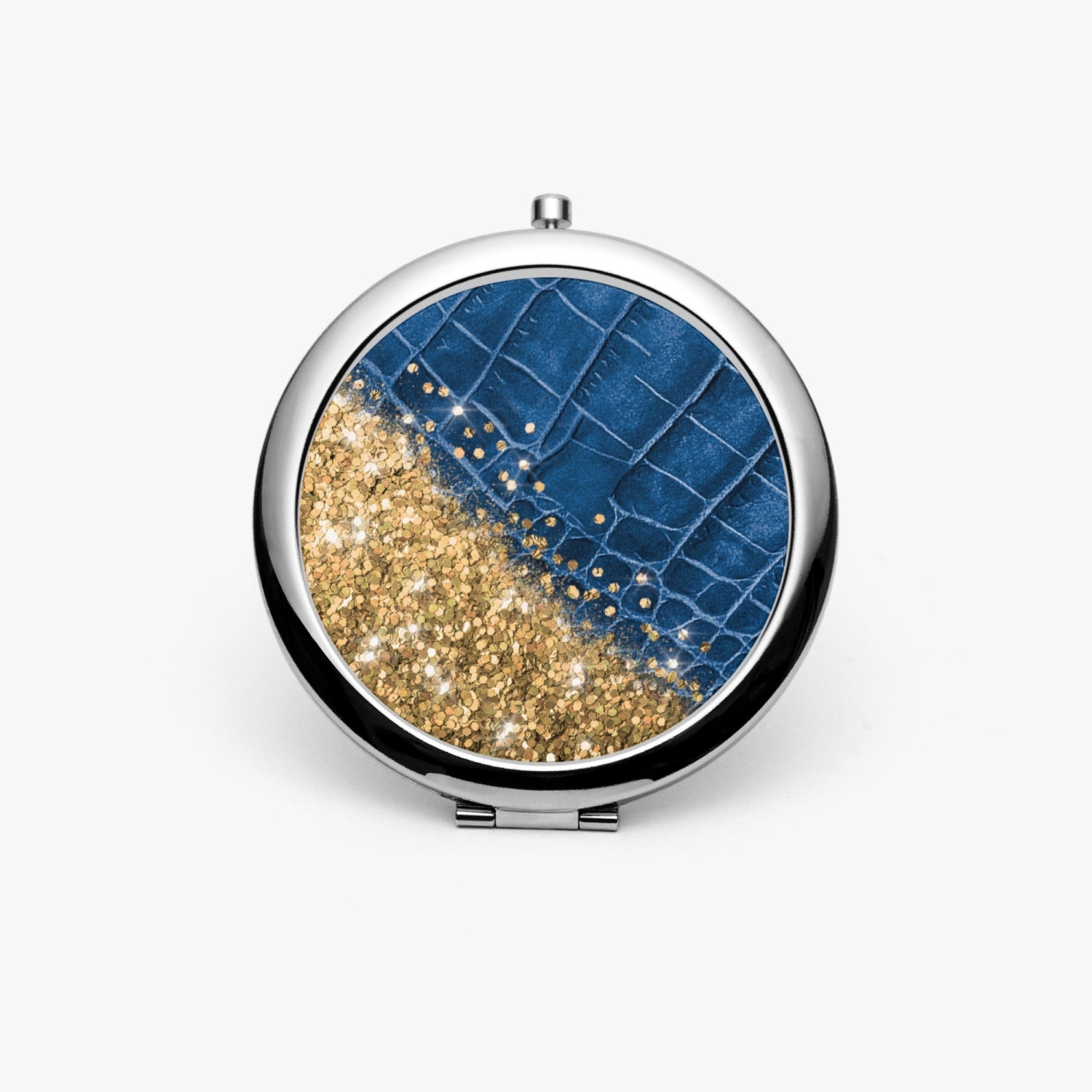 Gold Glitter & Blue Leather |  Compact Mirror - Kim’s Signature Beauty & Accessories    (Store description)