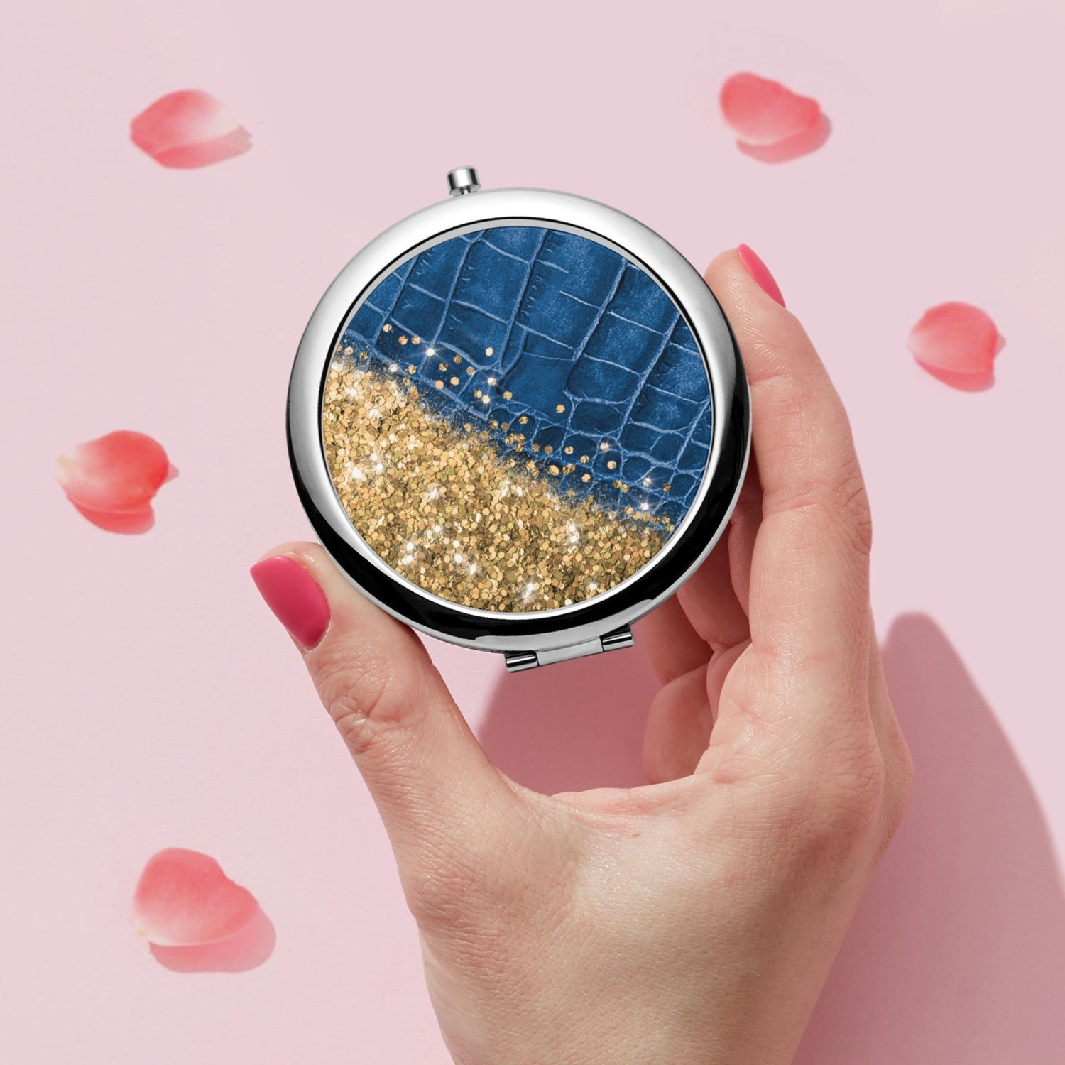 Gold Glitter & Blue Leather |  Compact Mirror - Kim’s Signature Beauty & Accessories    (Store description)