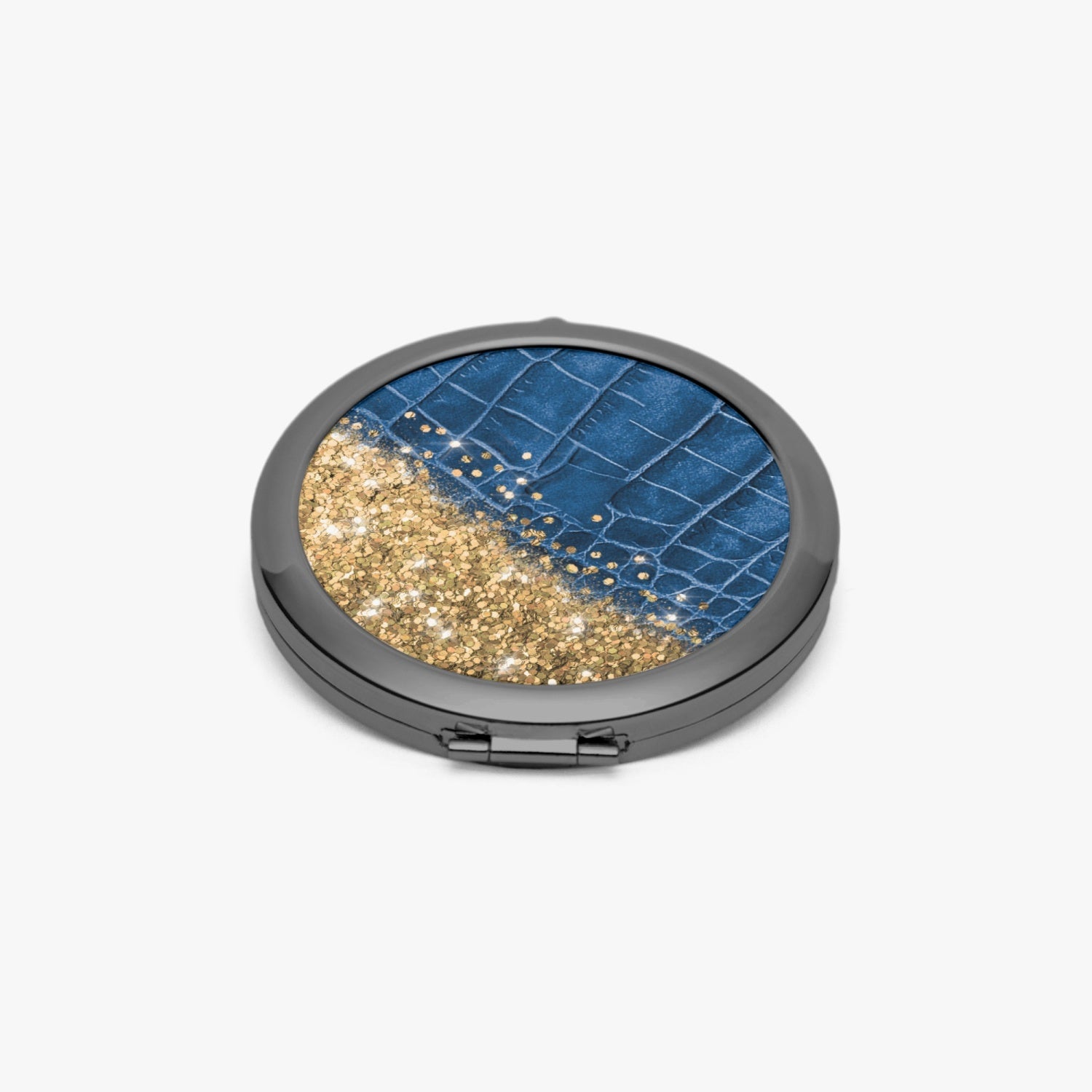 Gold Glitter & Blue Leather |  Compact Mirror - Kim’s Signature Beauty & Accessories    (Store description)