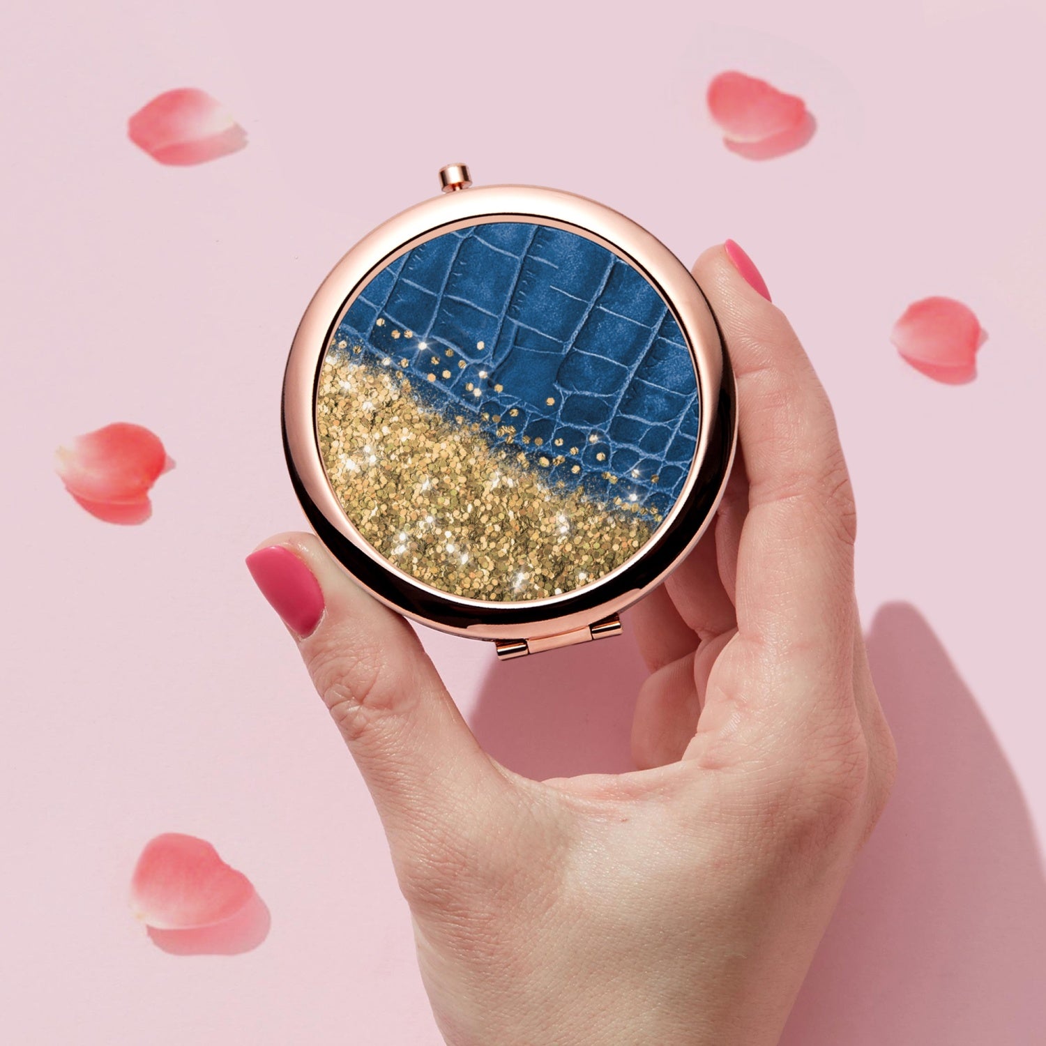 Gold Glitter & Blue Leather |  Compact Mirror - Kim’s Signature Beauty & Accessories    (Store description)