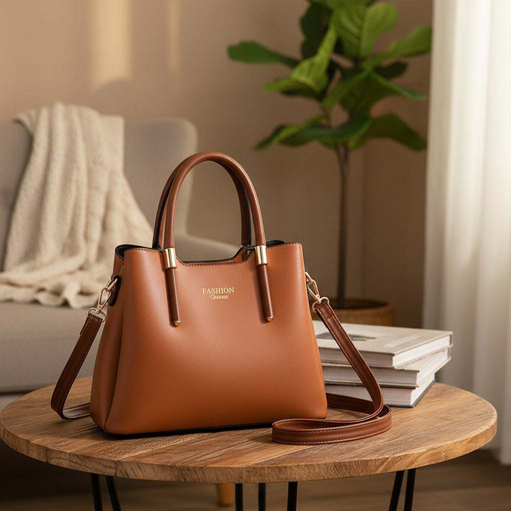 Brown handbag with gold accents on a white background