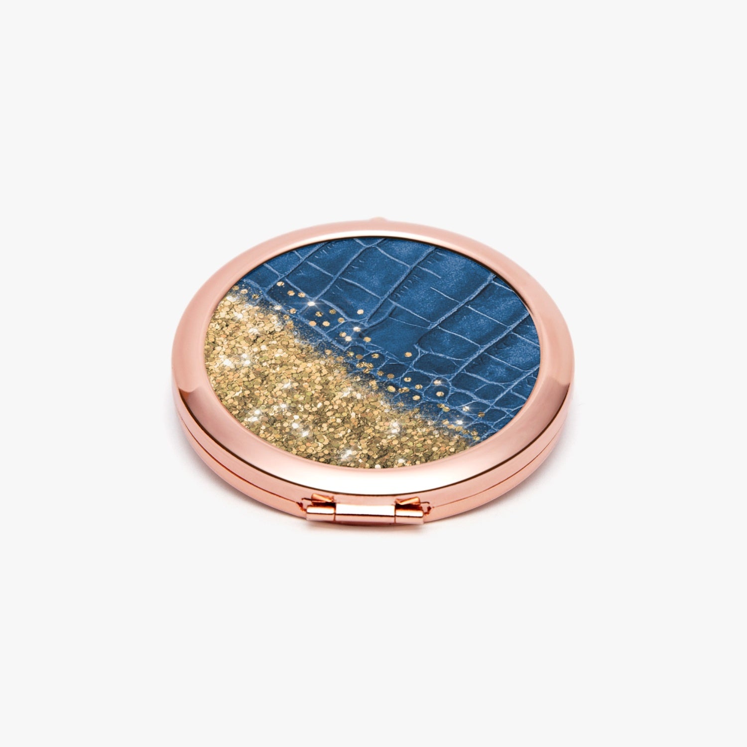Gold Glitter & Blue Leather |  Compact Mirror - Kim’s Signature Beauty & Accessories    (Store description)