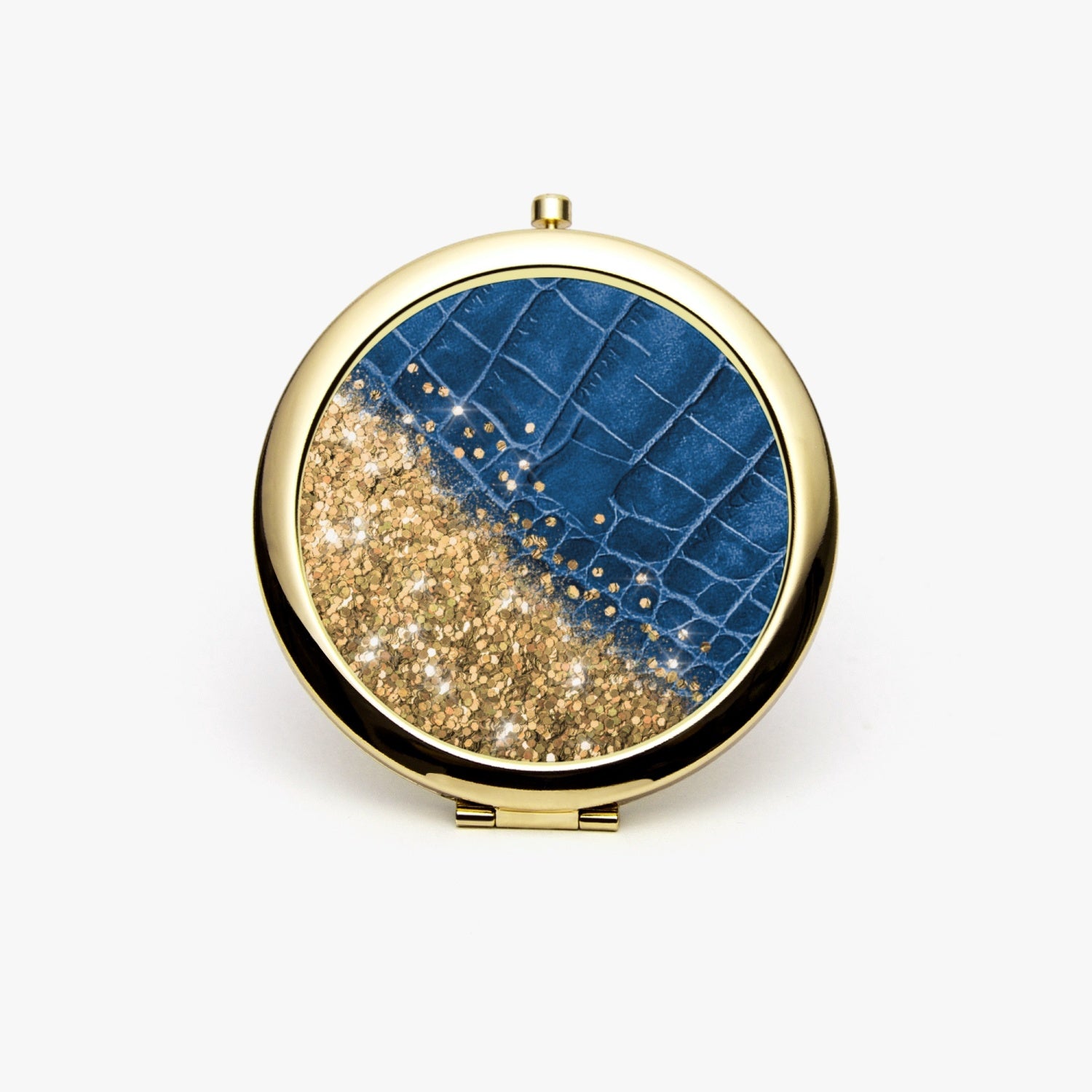 Gold Glitter & Blue Leather |  Compact Mirror - Kim’s Signature Beauty & Accessories    (Store description)