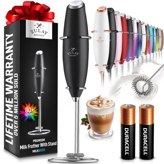 Zulay Kitchen milk frother with stand, packaging, and accessories on a white background
