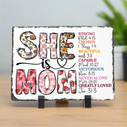 She is Mom – Floral Scripture-Inspired Slate Plaque - Kim’s Signature Beauty & Accessories    (Store description)