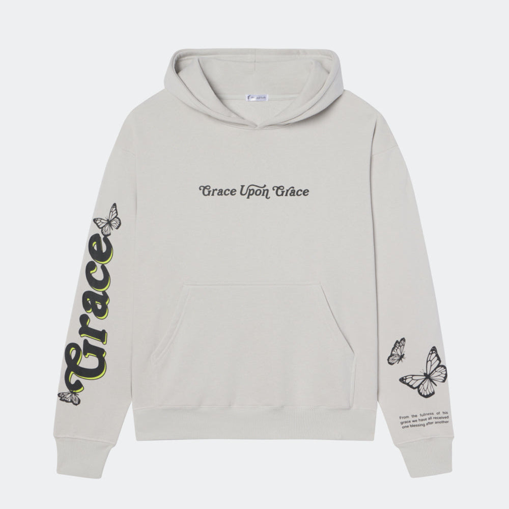 Light gray hoodie with 'Grace Upon Grace' text and butterfly designs on a white background