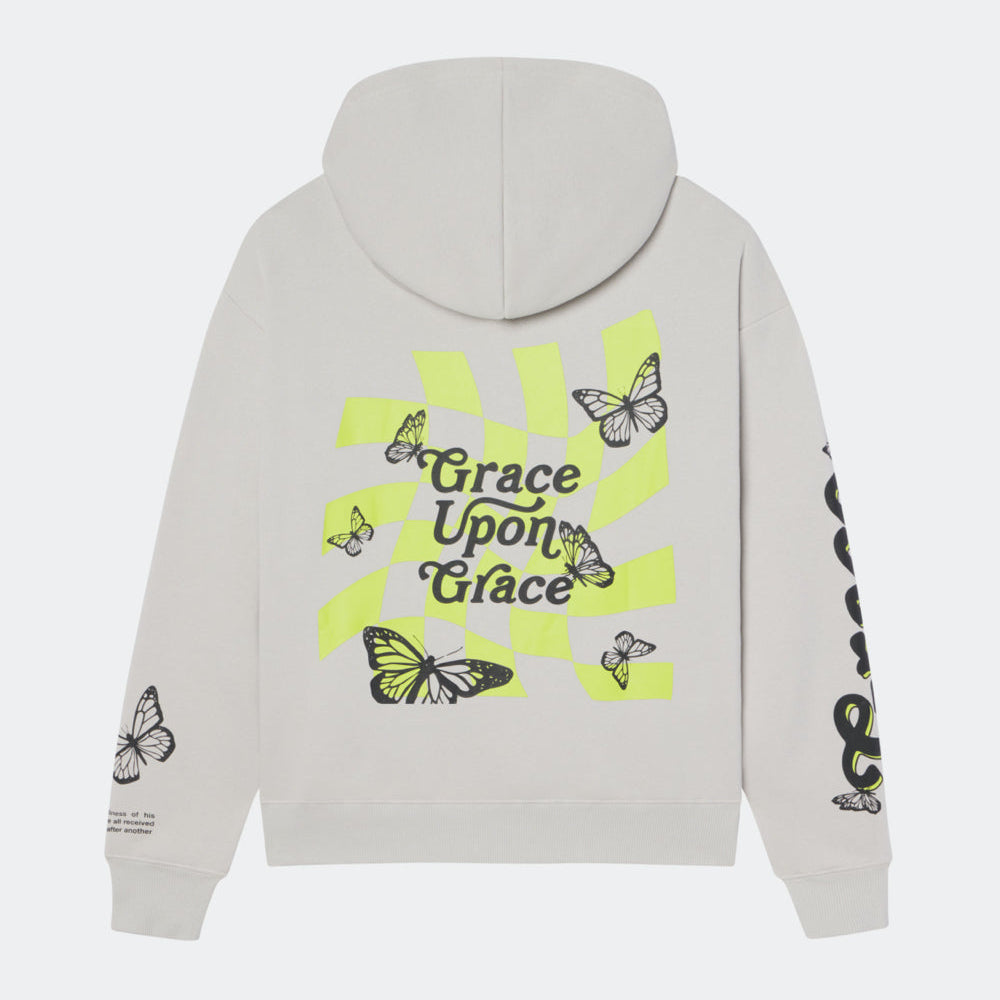 Gray hoodie with 'Grace Upon Grace' design on a white background