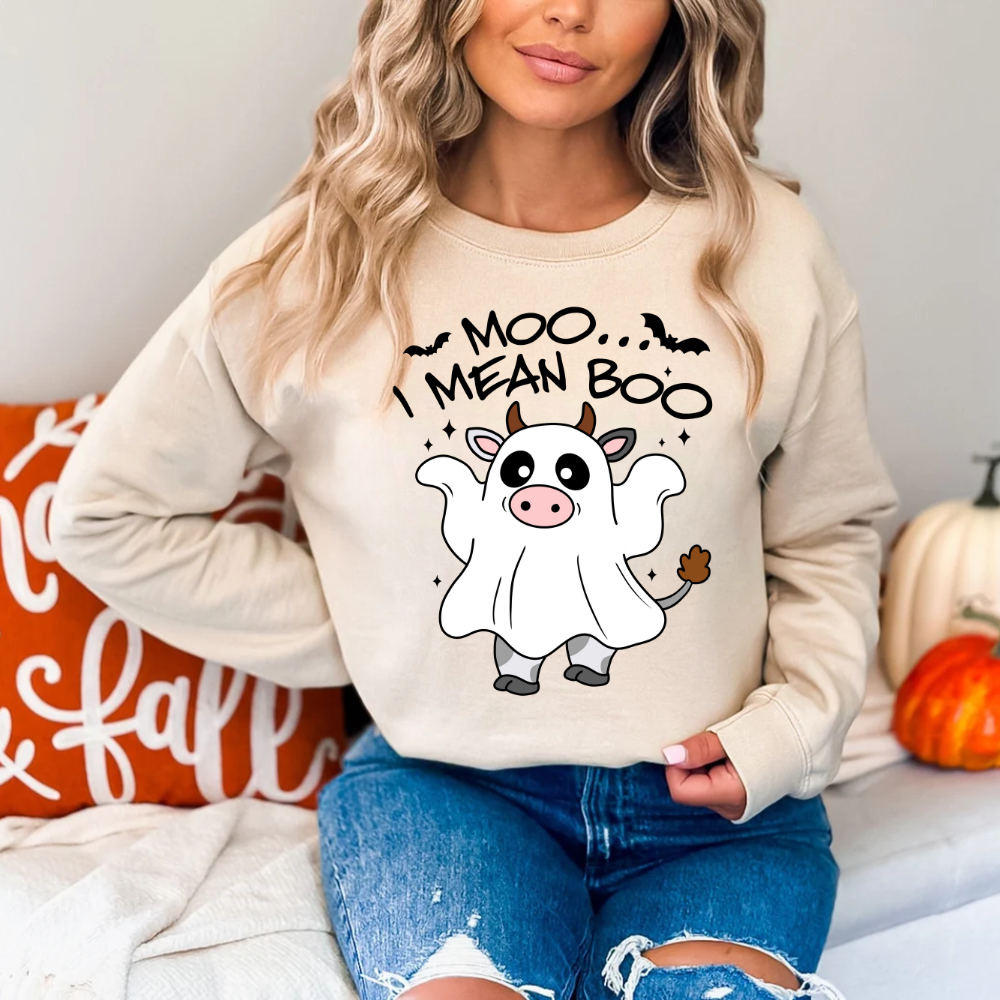 Moo, I Mean Boo Ghost Sweatshirt - Kim’s Signature Beauty & Accessories    